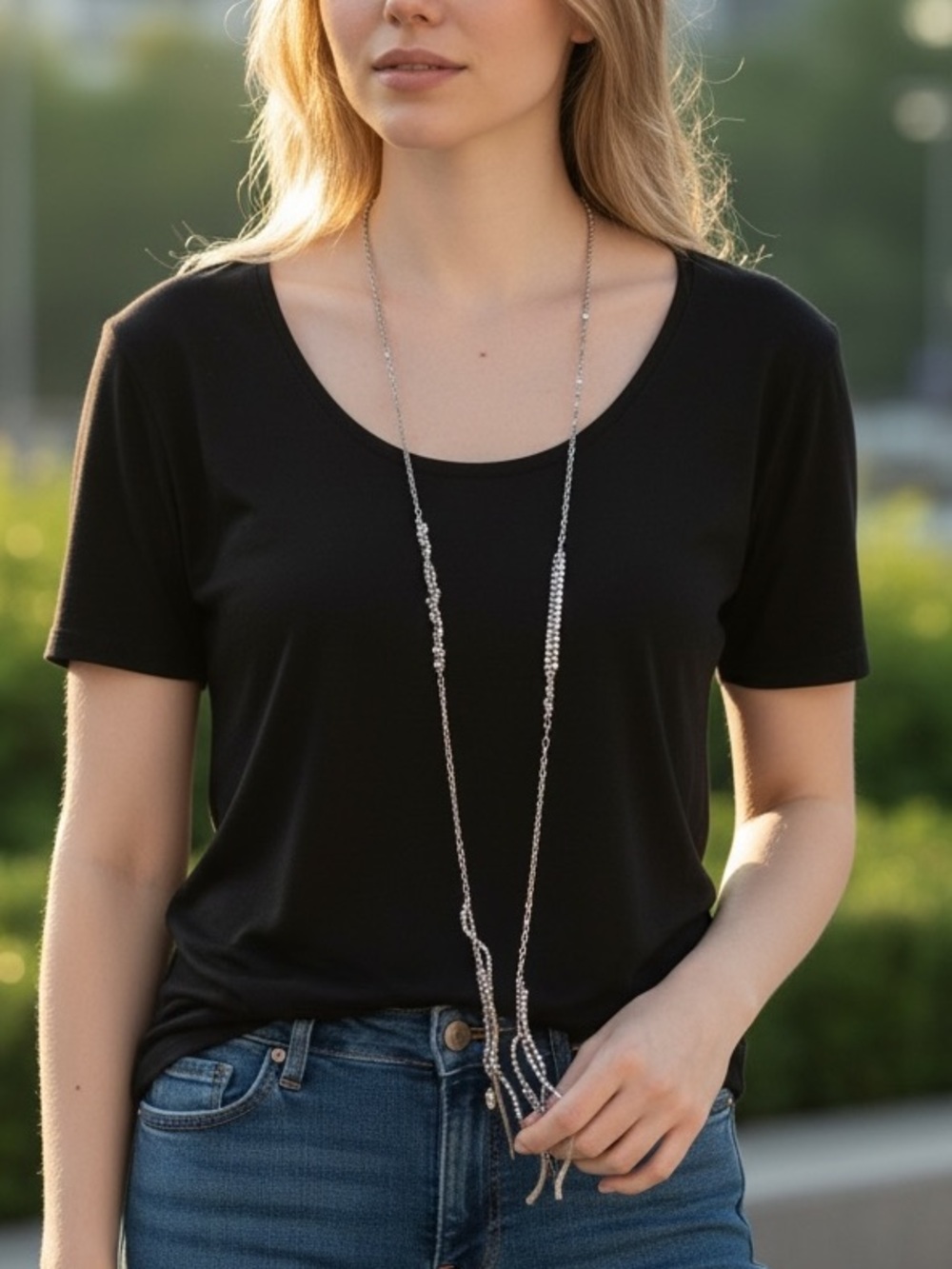 Free People Silver Rhinestone Tassel Long Necklace